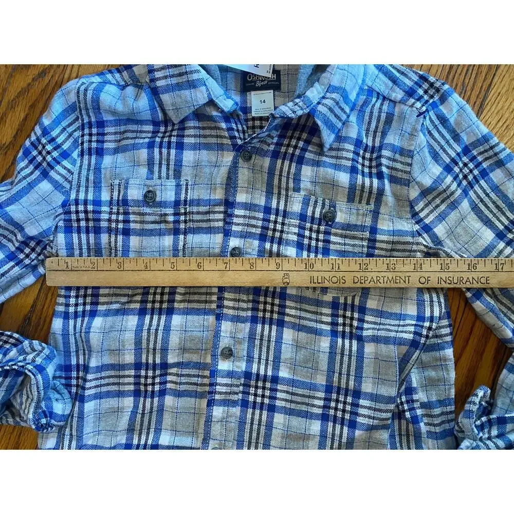 NWT Oshkosh Boys Flannel Hoodie Shirt Sz 14 $32 Blue Gray